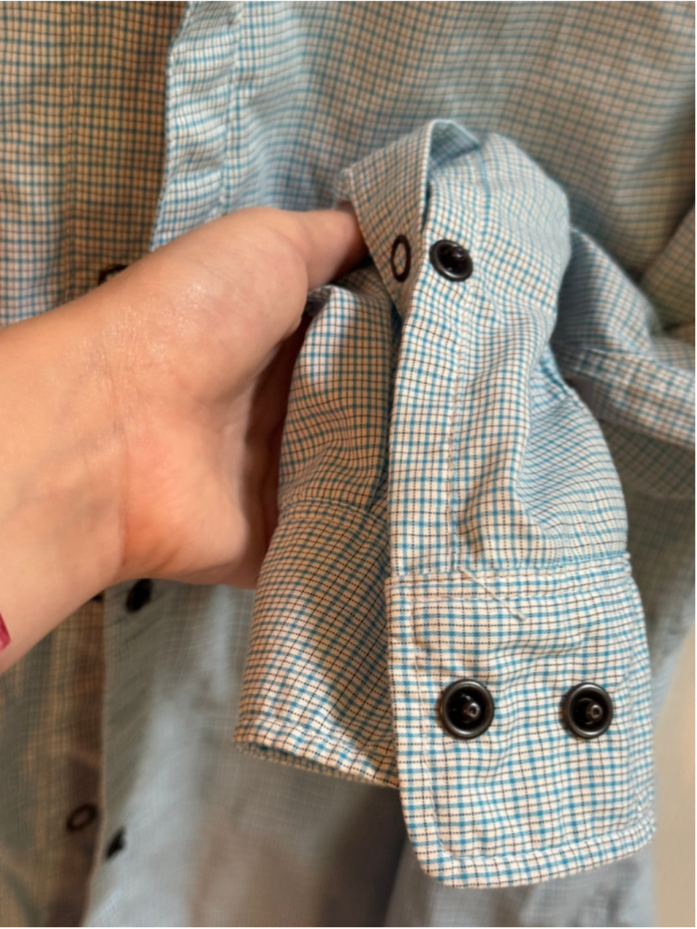 Women's ExOfficio Blue and White Plaid Long Sleeve Button Down Shirt, Size L - Picture 7 of 16